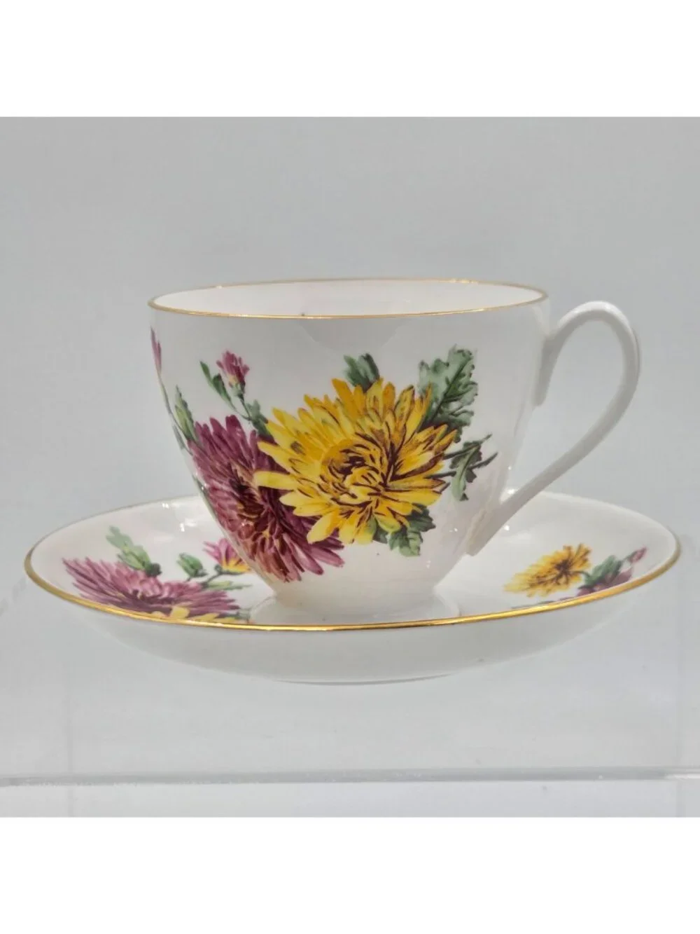 Pink and Yellow Chrysanthemum Bone China Footed Tea Cup and Saucer England